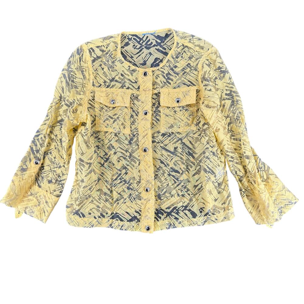 Vintage Lark Lane Yellow Lace Sheer Blouse Long Sleeve Pockets Cottage Large